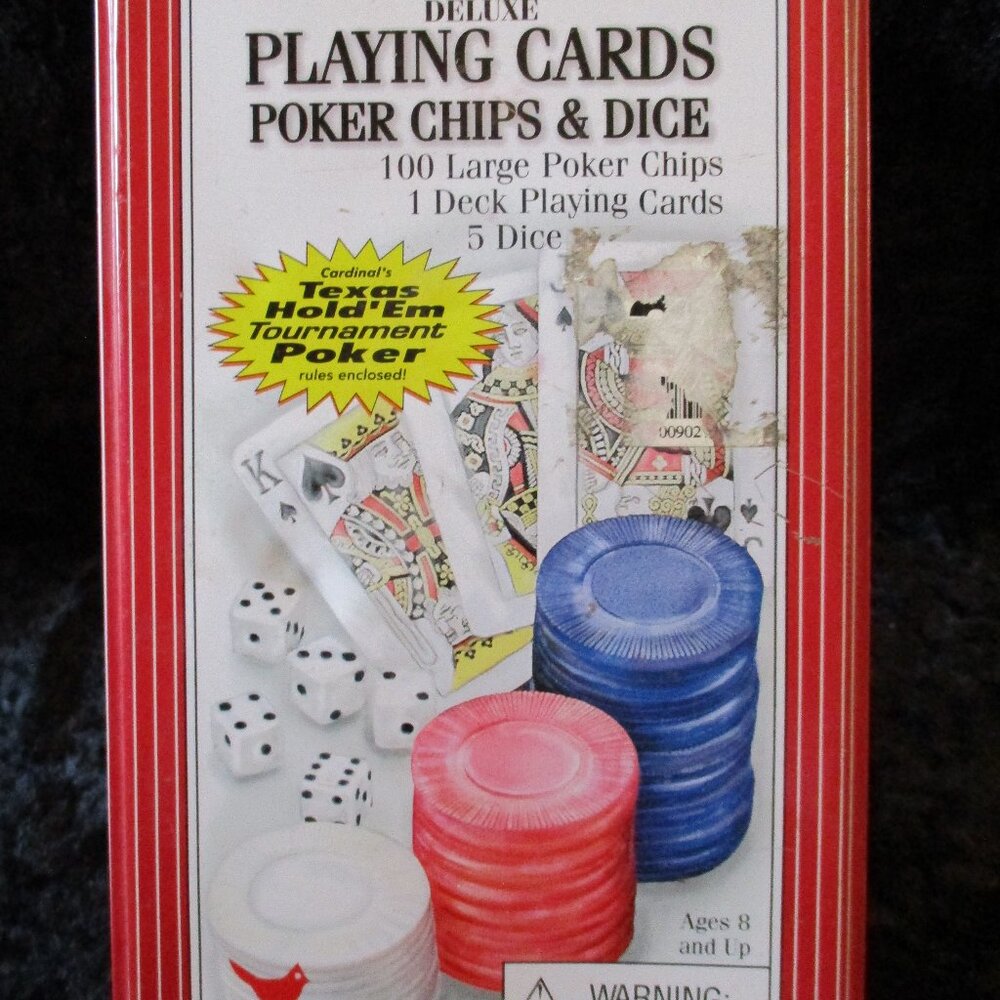 2004 NIP Cardinal Deluxe Playing Cards Poker Chips & 5 Dice in Collectible Tin